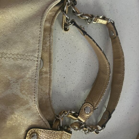 Kathy Van Zeeland Gold Metallic Shoulder Bag Studded Glam Purse Slouchy Tote Vtg - Picture 5 of 14